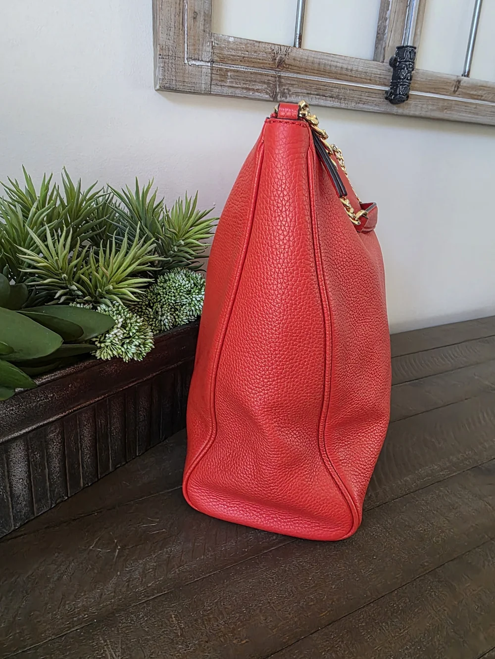 Tory Burch Carter Slouchy Hobo Poppy Red Pebbled Leather Chain Shoulder Bag
